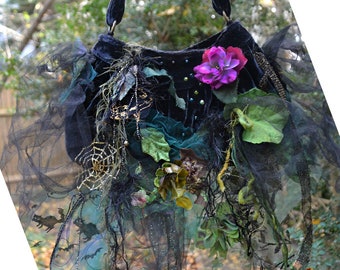 Art to Wear Unique Black Silk Velvet Boho Bag/Purse SWAMP FOREST WITCH Bats Black Cats Leaves Fairy-Poisonous Swamp Floral  Tattered