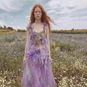 Könnte beinhalten: Ein ärmelloses Kleid in Lavendel- und Violetttönen mit geschichtetem Tüll, transparenten Stoffbahnen und komplizierten, blumenartigen Verzierungen am Oberteil und Rock, die ein strukturiertes, mehrdimensionales Erscheinungsbild erzeugen.