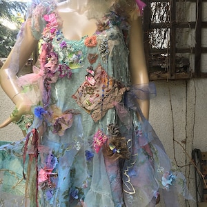 Beautiful Unique Bohemian Layered Velvet/Organza Tunic/Dress Costume Forest BLUE UNDINE Wedding Event Fairy Boho Gypsy Floral Tattered zdjęcie 1