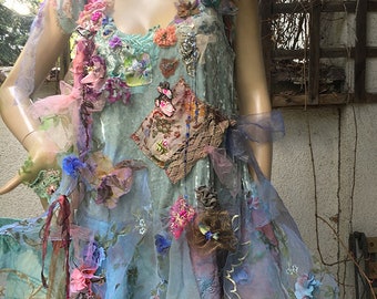 Beautiful Unique Bohemian Layered Velvet/Organza Tunic/Dress  Costume Forest BLUE UNDINE Wedding Event Fairy Boho Gypsy Floral Tattered