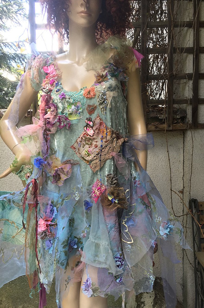 Beautiful Unique Bohemian Layered Velvet/Organza Tunic/Dress Costume Forest BLUE UNDINE Wedding Event Fairy Boho Gypsy Floral Tattered zdjęcie 1