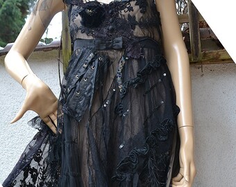 Wonderful Unique Elegant Victorian Bohemian Lacy Layered BLACK DRESS Sexy and Romantic Gypsy Altered Couture Fairy Boho Tattered