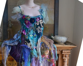 Unique Art to Wear BLUE FOREST Forest Fairy Wearable Gypsy Bohemian Altered Couture Flowers Embellished Tattered