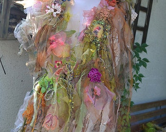 Beautiful  Unique Scarf ENCHANTED FORESt Saffron Bird Fairy Wearable Gypsy Bohemian Altered Couture Flowers Embellished Tattered