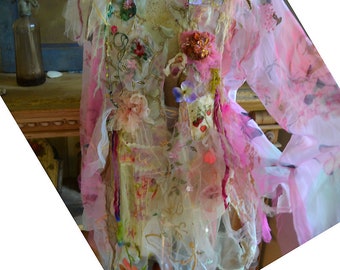 Art to Wear Beautiful XL Jacket PINK HYDRANGEa Fairy Wearable Bohemian Altered Couture Flowers Embellished