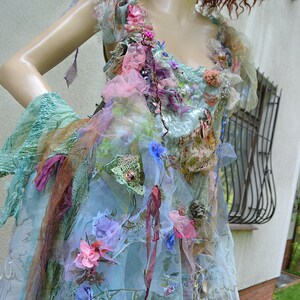 Beautiful Unique Bohemian Layered Velvet/Organza Tunic/Dress Costume Forest BLUE UNDINE Wedding Event Fairy Boho Gypsy Floral Tattered zdjęcie 3