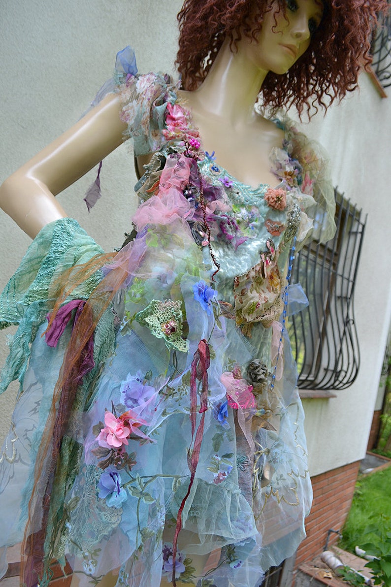 Beautiful Unique Bohemian Layered Velvet/Organza Tunic/Dress Costume Forest BLUE UNDINE Wedding Event Fairy Boho Gypsy Floral Tattered zdjęcie 3