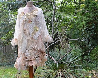 Art To Wear XL Loose Soft Stretchy Boucle Ivory Boho Tunic/Dress/Sweater GREEN DRAGONFLy Fairy Gypsy Bohemian Tattered