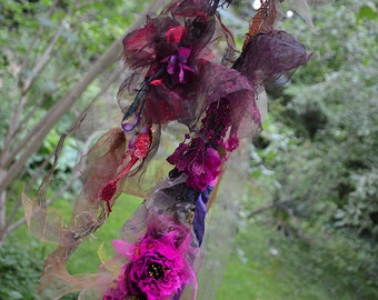 Art to Wear Scarf Red/Burgundy/ Brown FOREST PLANTS   Fairy Wearable Gypsy Bohemian Altered Couture Flowers Embellished Tattered