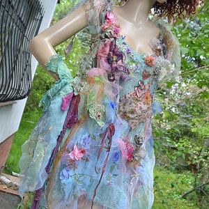 Beautiful Unique Bohemian Layered Velvet/Organza Tunic/Dress Costume Forest BLUE UNDINE Wedding Event Fairy Boho Gypsy Floral Tattered zdjęcie 4