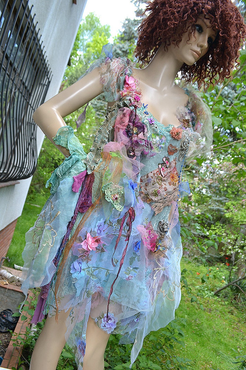 Beautiful Unique Bohemian Layered Velvet/Organza Tunic/Dress Costume Forest BLUE UNDINE Wedding Event Fairy Boho Gypsy Floral Tattered zdjęcie 4