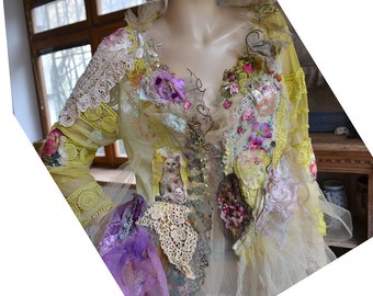 Wonderful Art to Wear Wedding Fairy Bohemian Jacket SPRING and CATS  Altered Couture Flowers Boho Gypsy Tattered