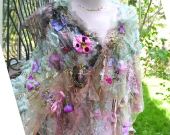 Beautiful Art to Wear Shabby  Cape/Wrap  LADY IN PINK DRESs Forest Fairy Wearable Gypsy Bohemian Altered Couture Embellished Tattered