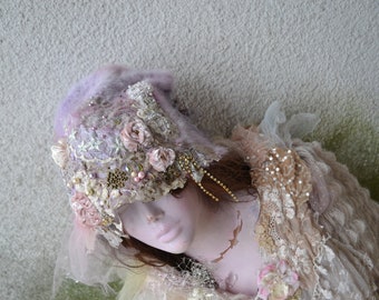 Art to Wear Wonderful Pale Lavender/Pink Angora Hand Dyed Large Hat FAIRY WINTER FORESt Smurfette Style Rich Beaded Boho Gipsy