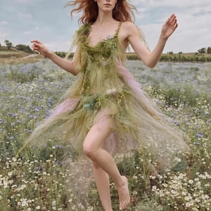 Ethereal FOREST FOG Unique Delicate Ethereal Fairy Meadow Nymph  Top and Belt Outfit Moss Fairy Festival Size Adjustable Tattered
