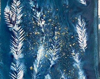 Redwood Wet Cyanotype Print: Handmade Nature Art, Plant Lover Wall Decor