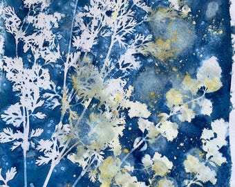 Wet Cyanotype Botanical Print: Cilantro and Oregano Sunprint