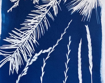 Forest Cyanotype Print: Handmade Plant Art for Outdoorsy Nature Lovers