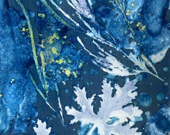 Citronella Leaf Wet Cyanotype Print: Original Botanical Photogram Art