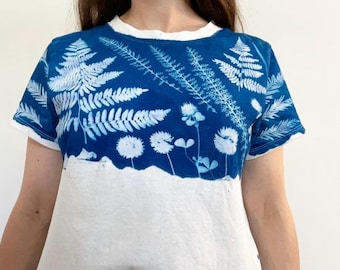 Cyanotype Forest Plant Shirt: Handcrafted Wearable Art, Size Small