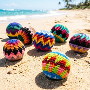 Hacky Sack de ganchillo tejido a mano, pelotas de malabares a rayas, pelota de malabares, accesorio para juegos al aire libre