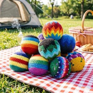Färgglad virkad Hacky Sack, Fotväskor, Handstickade Sparkbollar, Jonglerboll, Utomhuslekfavorit, Sommarlägerlektillbehör, Present till pojkar och flickor