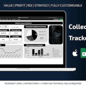 Pode incluir: Um ecrã de laptop mostra um painel "Collectibles Tracker". A interface apresenta dados financeiros, gráficos e diagramas. O texto inclui "Value, Profit, ROI, Strategy, Fully Customisable" e "Microsoft Excel".