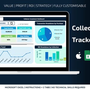 Pode incluir: Um ecrã de computador portátil mostra um painel "Collectibles Tracker" com dados financeiros, gráficos e diagramas. O ecrã mostra dados como posição líquida, carteira total e ROI. O texto "VALUE | PROFIT | ROI | STRATEGY | FULLY CUSTOMISABLE" está no topo.