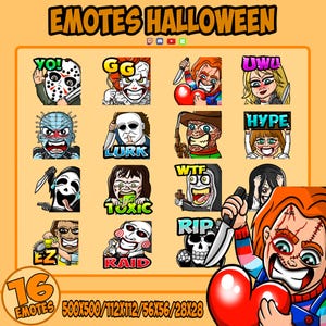 Peut inclure: Ensemble de 16 émoticônes sur le thème d'Halloween avec des personnages de films d'horreur. Les émoticônes incluent Jason Voorhees, Pennywise, Chucky, et d'autres, avec du texte comme "YO!", "GG", "UWU", et "HYPE". L'image affiche également le texte "EMOTES HALLOWEEN".
