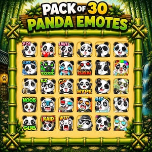 Peut inclure: Une collection numérique de 30 émoticônes panda disposées en grille dans un cadre en bambou. Le graphique présente divers personnages pandas exprimant différentes émotions et actions, avec des textes comme YO, UWU, TOXIC, BAN, EZ, GG, HYPE, NOOB, RIP, SUB, RAID et WTF.