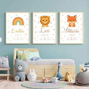 Geburtsposter Tiermotiv – personalisiertes Babybild mit Name, Datum, Uhrzeit, Größe – Wanddeko Kinderzimmer – Geschenk zur Geburt