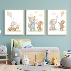 Aquarell Tiere Poster Set Kinderzimmer – Elefant Maus Bär Katze – Wandbilder Babyzimmer – Druck oder PDF – A4 mit oder ohne Rahmen