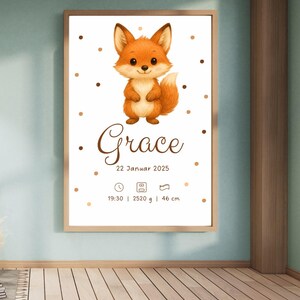 Geburtsposter Tiermotiv – personalisiertes Babybild mit Name, Datum, Uhrzeit, Größe – Wanddeko Kinderzimmer – Geschenk zur Geburt