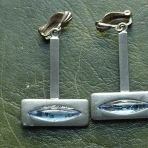 Pewter Pair of Modernist Earrings by Jorgen Jensen Denmark, Signed, Blue Lucite & Pewter