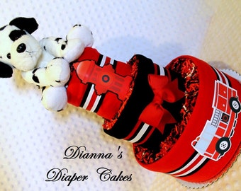 Fire Fighter Baby Diaper Cake Fire Man Engine Dalmation Shower Gift or Centerpiece