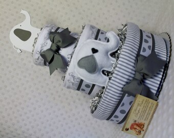 Baby Diaper Cake White Elephant with Gray - Select Ribbon Color - Zoo Animals Shower Gift Centerpiece