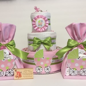 Baby Diaper Cake with 2 Matching Stork Bundles Shower Gift or Centerpieces image 1