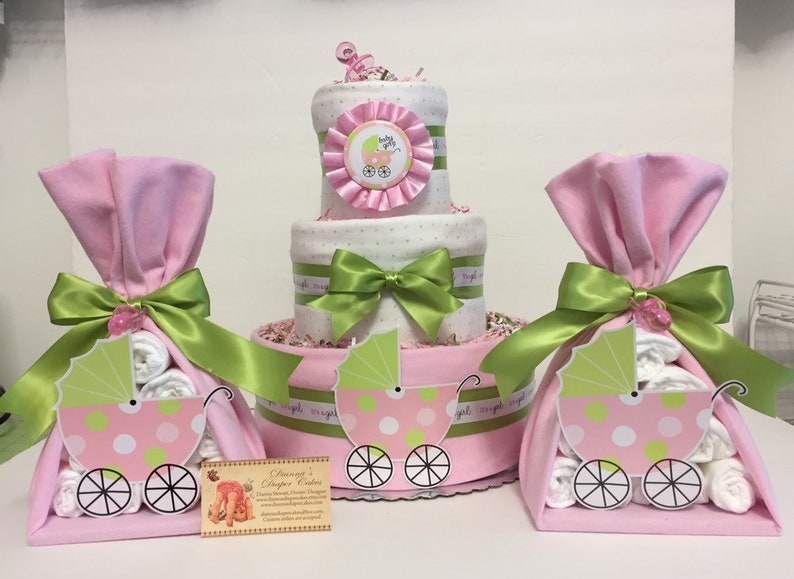 Baby Diaper Cake with 2 Matching Stork Bundles Shower Gift or Centerpieces image 1