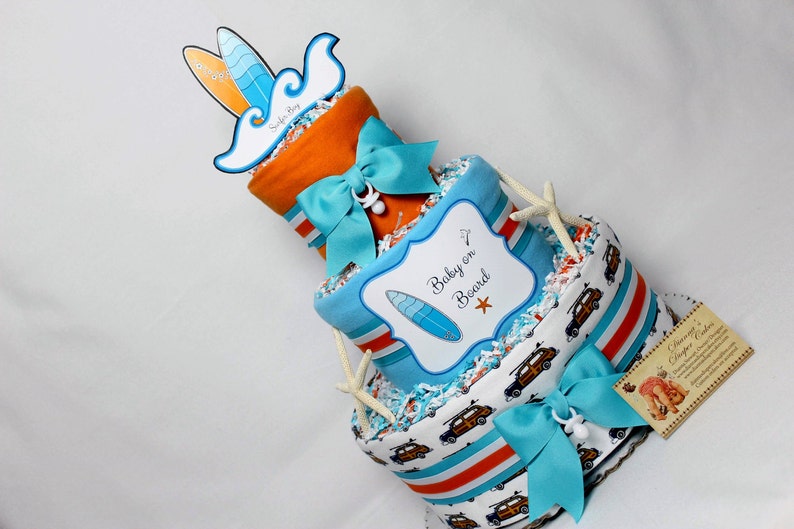Baby Diaper Cake Surfing Surfer Shower Centerpiece Gift Baby on Board image 1
