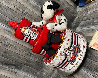 Fire Fighter Dog Baby Diaper Cake Fire  Engine Dalmation Shower Gift Centerpiece