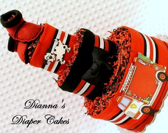 Baby Diaper Cake Firetrucks Fireman Shower Gift or Centerpiece