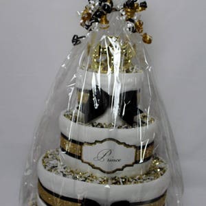 Baby Diaper Cake Prince King Royalty Black Gold White Shower Gift Centerpiece image 4