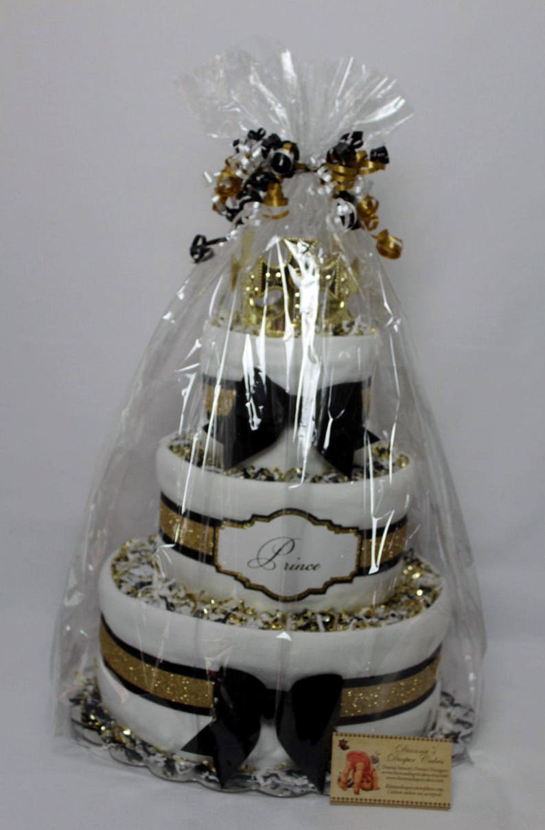 Baby Diaper Cake Prince King Royalty Black Gold White Shower Gift Centerpiece image 4