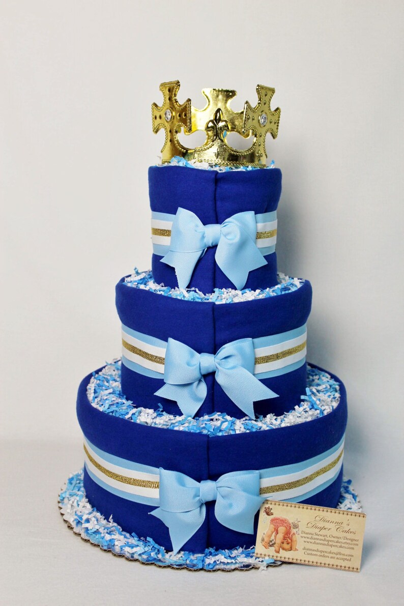 Baby Diaper Cake Prince King Boys Blue and Gold OR Silver Shower Gift or Centerpiece