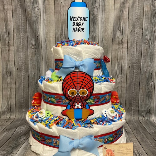 Superhero Baby Diaper Cake Tier Shower Gift Centerpiece Boy