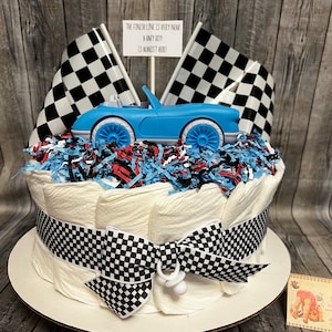Racing Baby Diaper Cake FREE SHIPPING 1 Tier Shower Boy Race Car Finish Line Centerpiece
