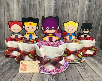 Superheros SELECT SKINTONE and GENDER Baby Diaper Cakes Set of 5 Cupcakes Shower Gift Centerpieces