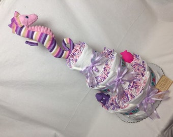 Under the Sea SELECT RIBBON COLOR Baby Diaper Cake Seahorse Girls Shower Gift Centerpiece