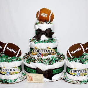 Baby Diaper Cake Football Sports 3 Tier and 4 minis Boys Shower Gift Centerpieces