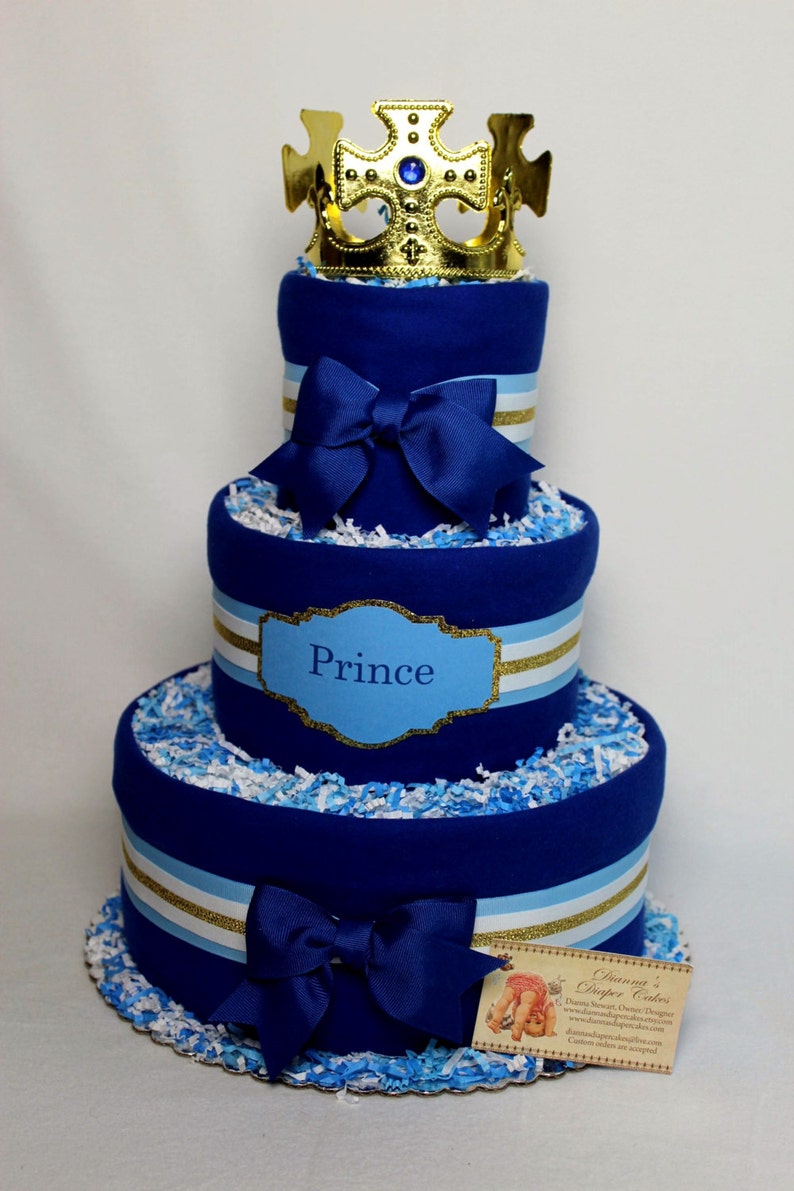 Baby Diaper Cake Prince King Boys Blue and Gold OR Silver Shower Gift or Centerpiece